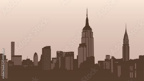 New York, United States. Empire State Building, Rockefeller Plaza, Office Building. Silhouette vector background of Manhattan. Travel illustration