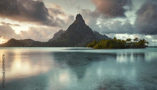 view of the mont otemanu mountain reflecting in water at sunset in bora bora french polynesia south pacific photo