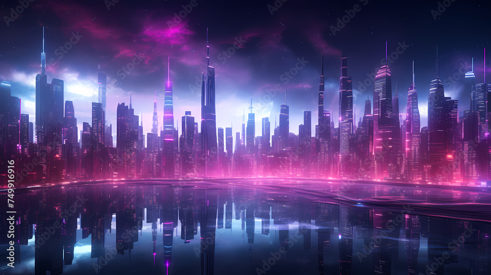 Future city, neon lights and high-rise buildings