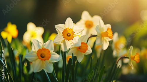 Close-up of yellow daffodil flowers blooming in spring. Bokeh sunny background. Spring landscape concept. Generative AI © AngrySun