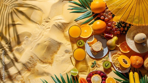 Top view of Beach picnic setup with tropical fruits, sandwiches, and a beach umbrella on golden sand with copy space on left side