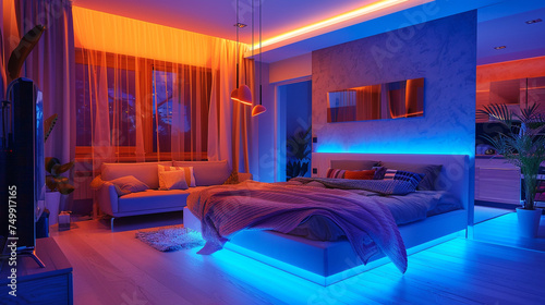 A personalized bedroom showcasing contemporary decor, intelligent lighting, and a tranquil ambiance