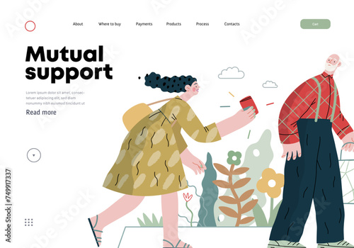 Mutual Support: Picking Up the Dropped Item -modern flat vector concept illustration of a woman who picked up a wallet lost by an elderly man Metaphor of voluntary, collaborative exchanges of services