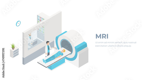 Isometric flat 3D concept vector hospital medical mri web illustration. Nuclear magnetic resonance imaging tomography room interior. photo