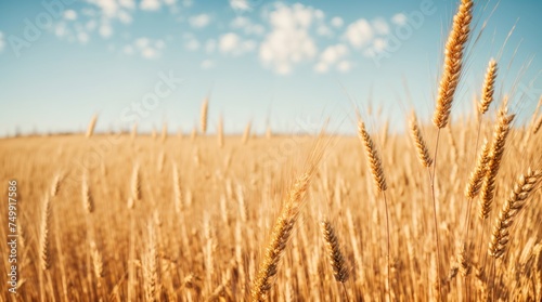 Golden wheat ears swaying under clear blue sky 