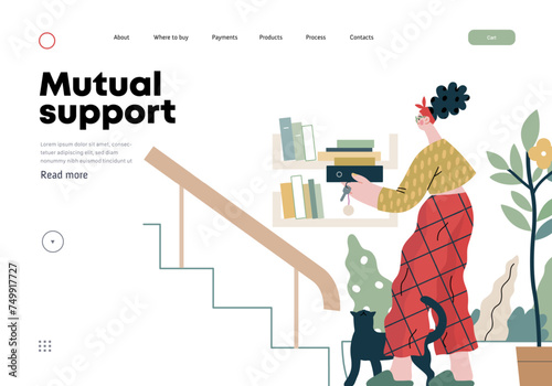 Mutual Support: Book Swap -modern flat vector concept illustration of a woman leaving books on a shelf in hallway for neighbors A metaphor of voluntary, collaborative exchanges of resource, services