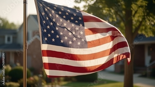 An American flag waves gently in focused foreground of a peaceful suburban neighborhood at sunset