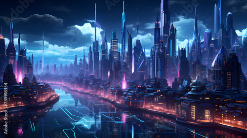 Future city, neon lights and high-rise buildings