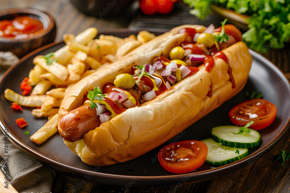 Barbecue grilled hot dog with sausage and yellow mustard with ketchup. Traditional American fast food.
Barbecue grilled hot dog with sausage and yellow mustard with ketchup. Traditional American fast food.