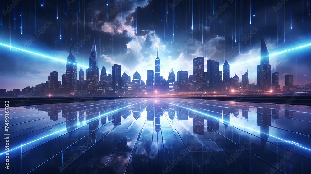 Future city, neon lights and high-rise buildings