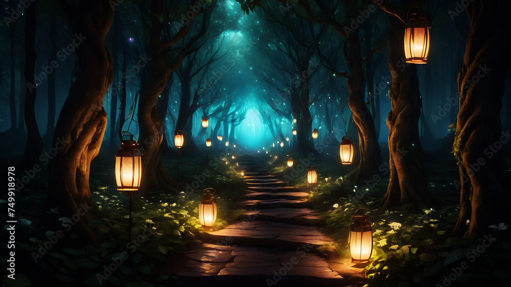 A magical forest path lined with lanterns, heart-shaped leaves, and bioluminescent flowers.,surrounded by the soft glow of nature A magical forest path lined with lanterns, heart-shaped leaves, and bioluminescent flowers.,surrounded by the soft glow of nature