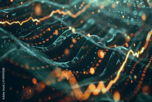 Abstract digital waves with glowing particles, concept of data flow and cyber technology, close-up 