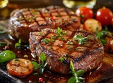 Two pieces of steak with herbs and tomatoes on a wooden cutting board