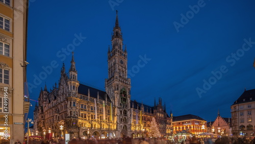 Marienplazt Old Town Square with New Town Hall day to night timelapse hyperlapse. Bavaria, Germany