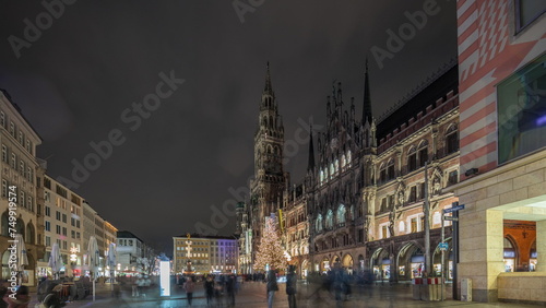 Marienplazt Old Town Square with New Town Hall night timelapse hyperlapse. Bavaria  Germany
