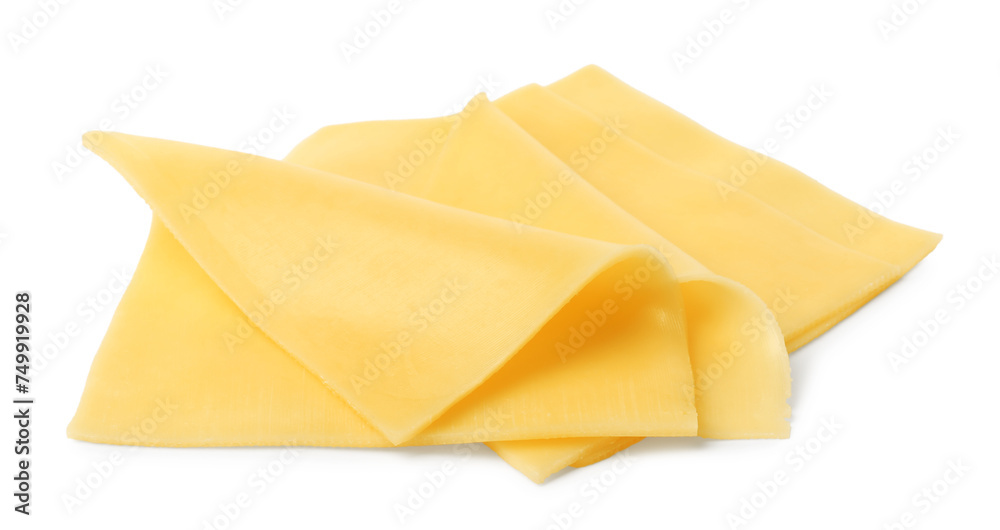 Slices of tasty fresh cheese isolated on white