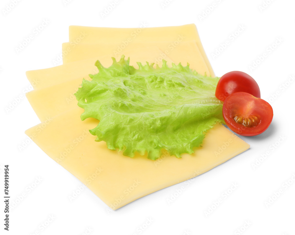 Slices of tasty fresh cheese, tomatoes and lettuce isolated on white Slices of tasty fresh cheese, tomatoes and lettuce isolated on white