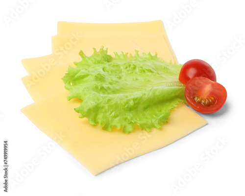 Slices of tasty fresh cheese, tomatoes and lettuce isolated on white