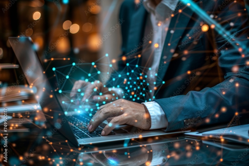 Close up of a businessman's hand typing on a laptop for internet network security. Cyber security and privacy concepts to protect data.
Close up of a businessman's hand typing on a laptop for internet network security. Cyber security and privacy concepts to protect data.