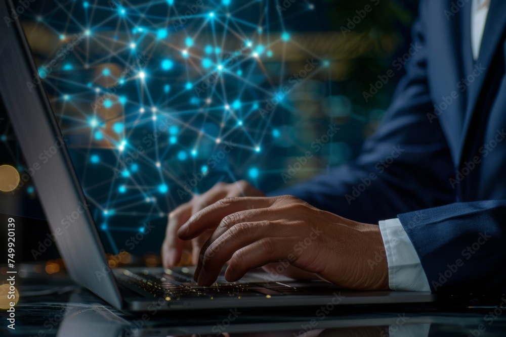 Close up of a businessman's hand typing on a laptop for internet network security. Cyber security and privacy concepts to protect data.
Close up of a businessman's hand typing on a laptop for internet network security. Cyber security and privacy concepts to protect data.