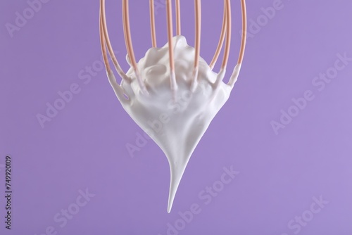 Whisk with whipped cream on violet background, closeup