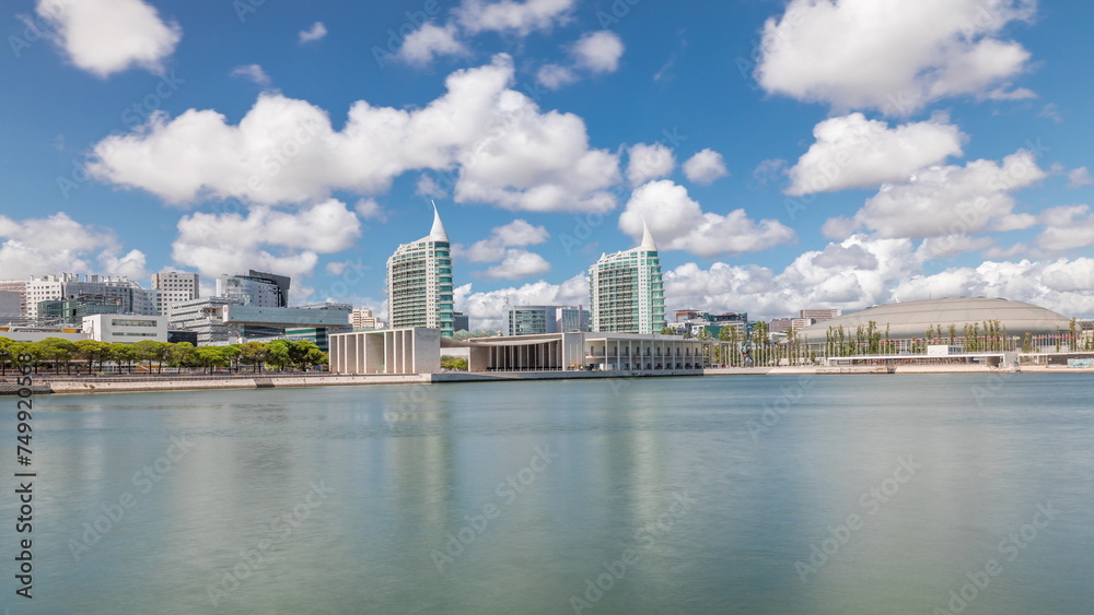 Panorama showing Parque das Nacoes or Park of Nations district timelapse in Lisbon, Portugal. Panorama showing Parque das Nacoes or Park of Nations district timelapse in Lisbon, Portugal.