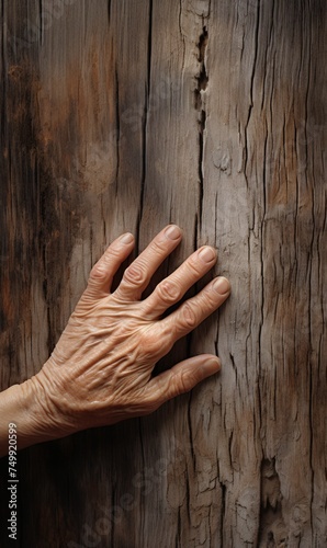 two old women's hands held in front of a wooden surface