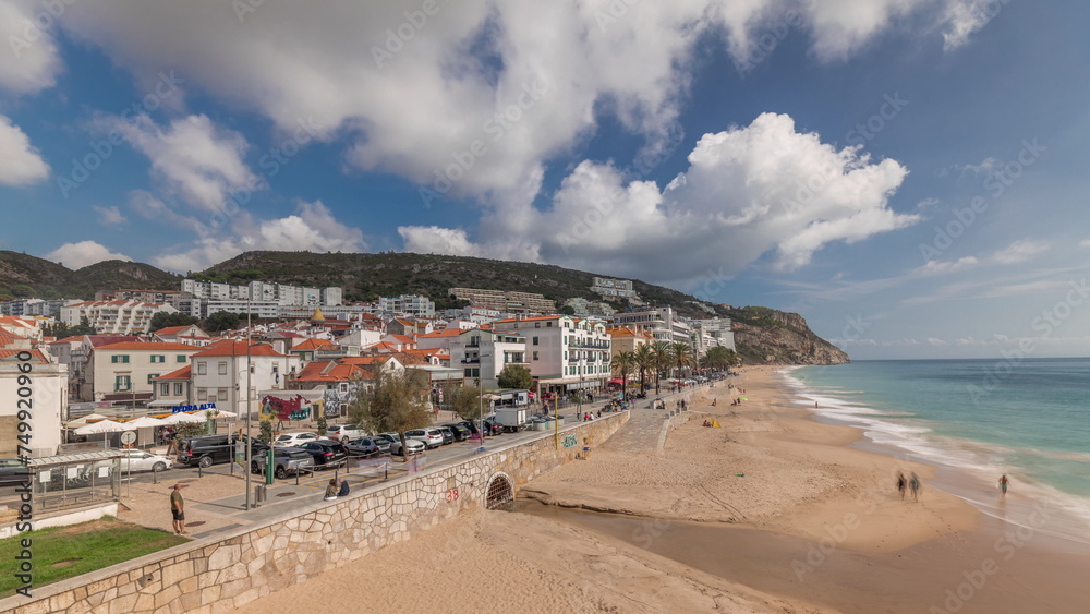 Panorama showing aerial view of Sesimbra Town and seaside timelapse, Portugal.
