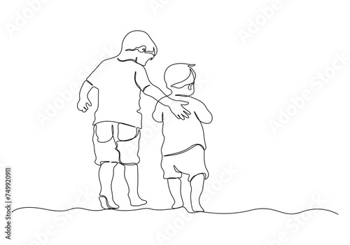 Continuous one line drawing of two brother vector illustration. Premium vector