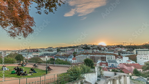 Tableau sur toile Panorama showing Jardim do Torel timelapse with views to the city center of Lisbon during sunset