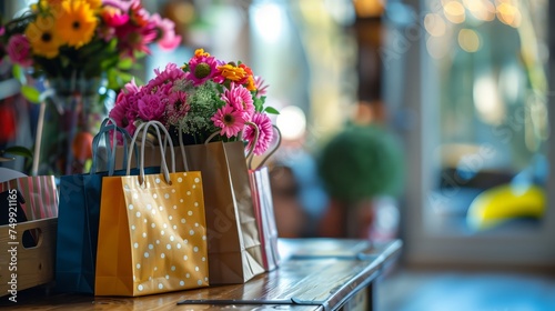 Shopping bags with fresh flower bouquets on a sunny caf   table  hinting at a pleasant day of retail therapy 