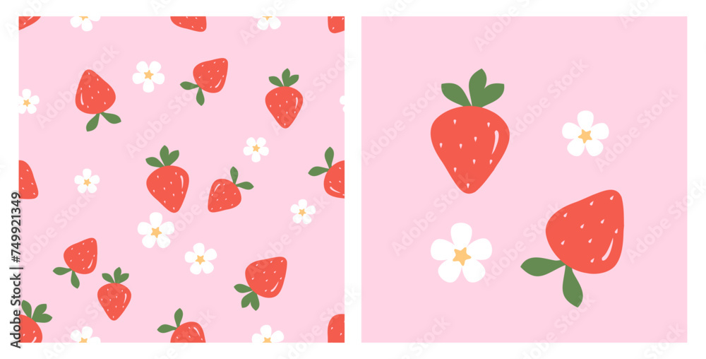 Seamless pattern with strawberry and cute flower on pink background. Strawberry and white flower icons set vector. 