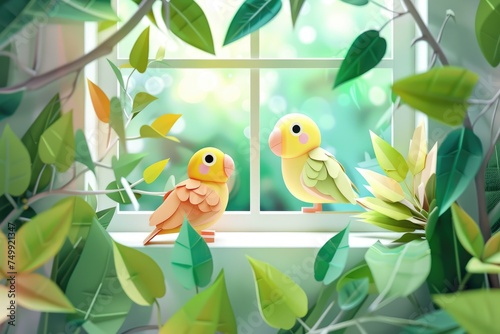 Birds on the windowsill welcome spring
