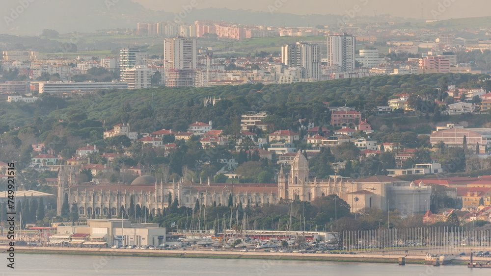 Lisbon cityscape with Jeronimos Monastery and Emprie Square and park timelapse. Lisbon, Portugal