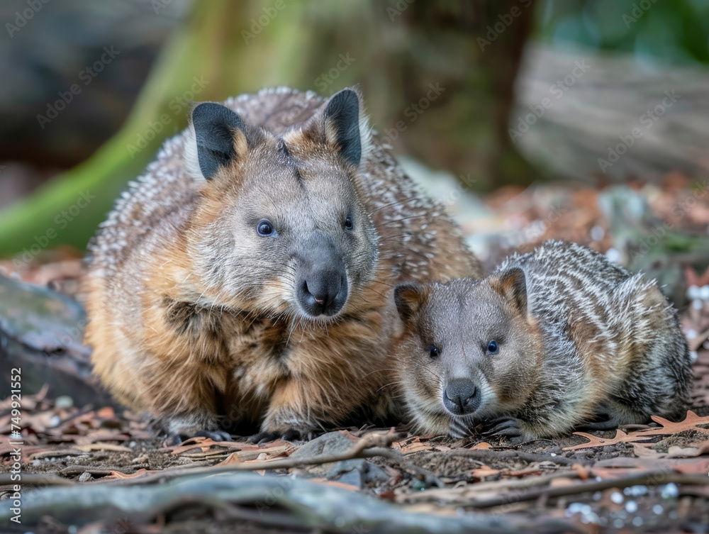 Naklejka premium A numbat mother and her cub exploring their natural bushland habitat.