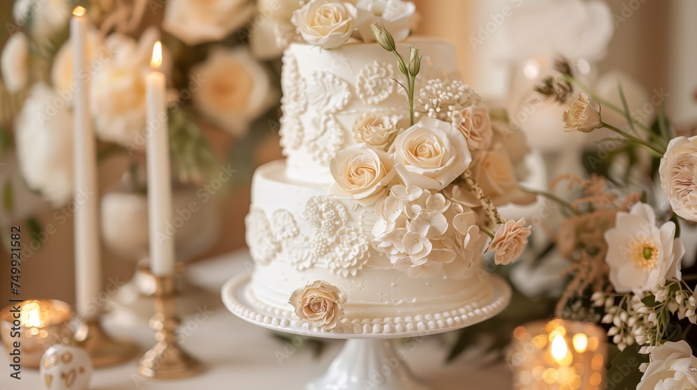 Luxurious wedding cake with floral decorations, elegant white frosting, romantic candlelit setting, sophisticated dessert for nuptial celebration
Luxurious wedding cake with floral decorations, elegant white frosting, romantic candlelit setting, sophisticated dessert for nuptial celebration