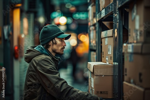 Delivery person sorting packages in alleyway, urban logistics and shipping, focused worker in city setting, e-commerce and delivery scene 
