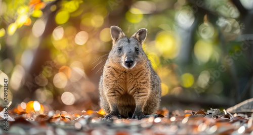 A foraging numbat with distinctive stripes sniffing around its woodland habitat. photo