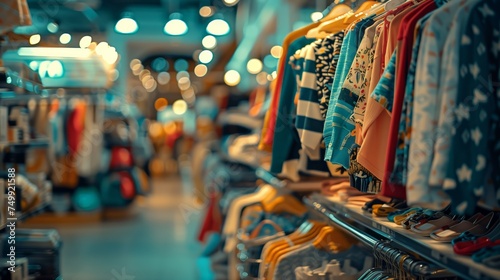 Children's clothing on display in a boutique store, colorful assortment of apparel, shopping for kids, retail interior, fashion and garment selection
