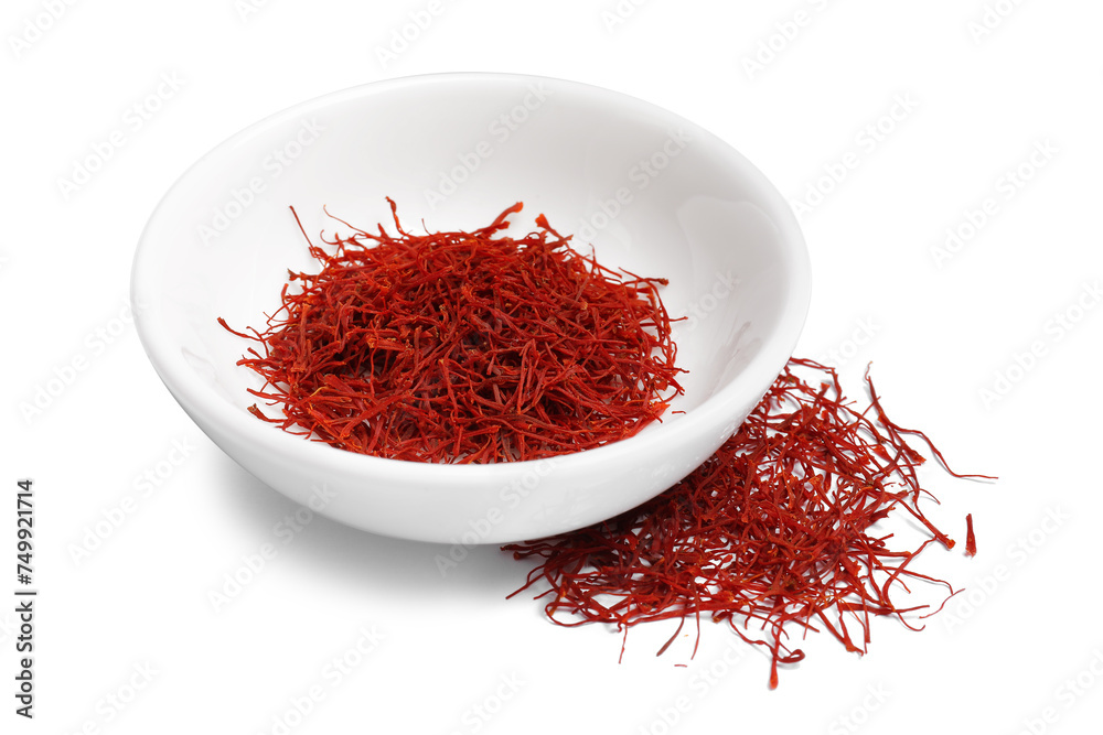Naklejka premium Aromatic saffron in bowl isolated on white