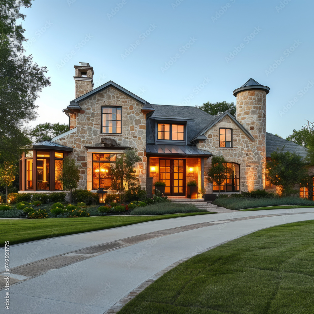 Luxurious stone house at dusk, upscale residential home with warm lighting and manicured lawn