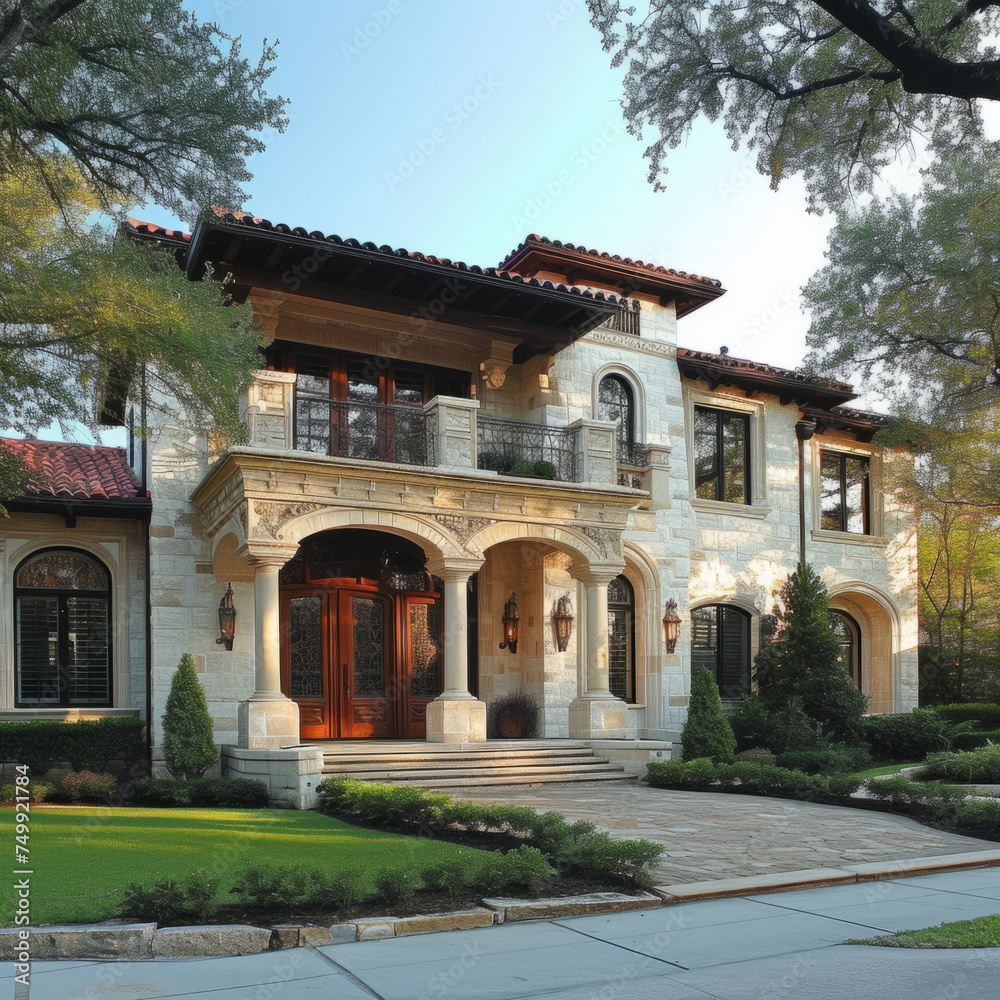 Fototapeta premium Majestic Mediterranean-style villa with landscaped garden, luxurious living concept