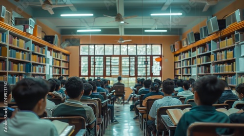 Focused students in uniform attending a lecture in a university library, education and academic concept, learning environment, future leaders in study hall
 photo
