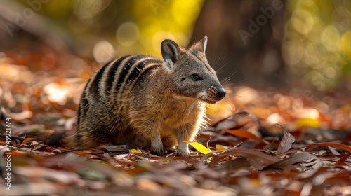 An alert numbat forages among the foliage  camouflaged by its striking stripes.