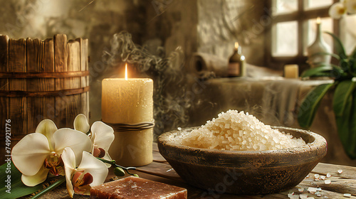 Aromatherapy Spa Scene with Salt  Candle  and Wellness Treatments  Nature-Inspired Beauty Concept