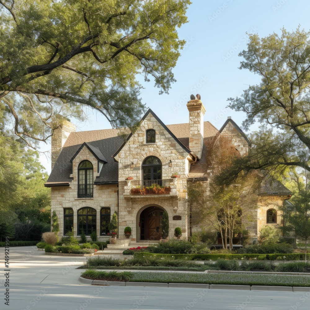 Fototapeta premium Elegant brick house in Texas, residential architecture with landscaped garden, street view 