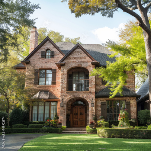 Elegant brick house in Texas, residential architecture with landscaped garden, street view 
