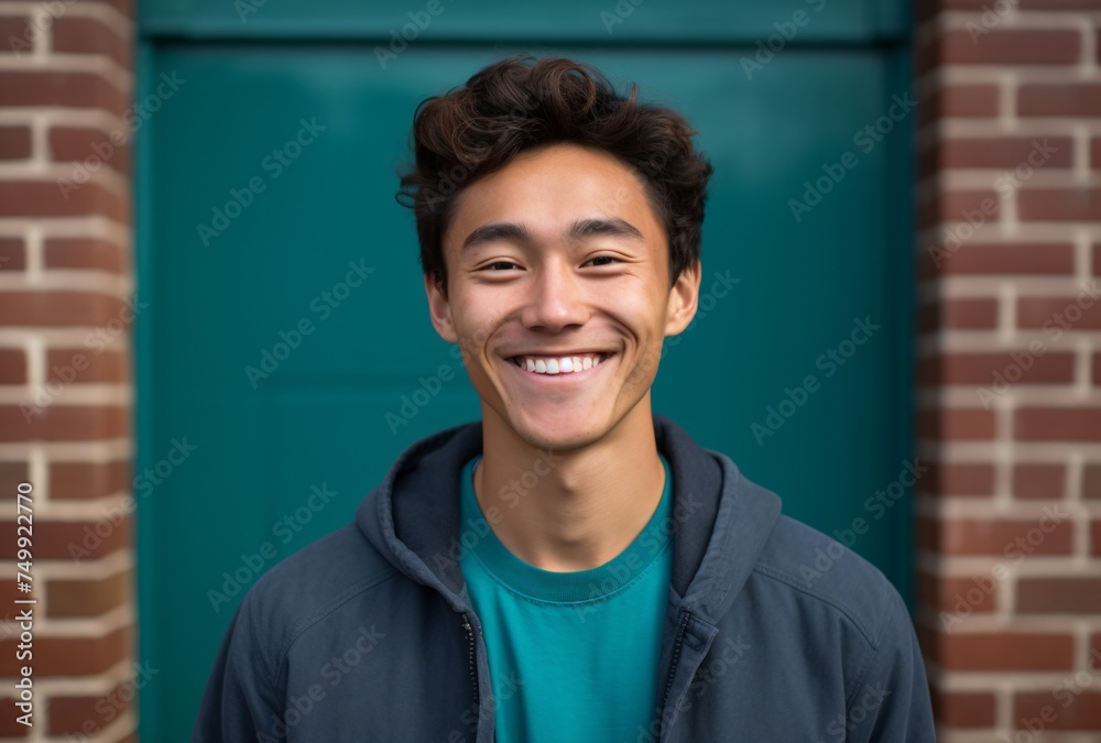 a young man smiling in front of the red brick wall a young man smiling in front of the red brick wall