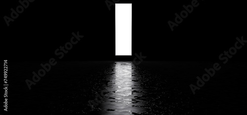 A glowing rectangle in a dark space. A glowing rectangular portal hangs in a dark room 3D render.