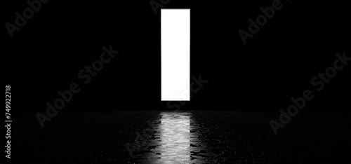 A glowing rectangle in a dark space. A glowing rectangular portal hangs in a dark room 3D render.